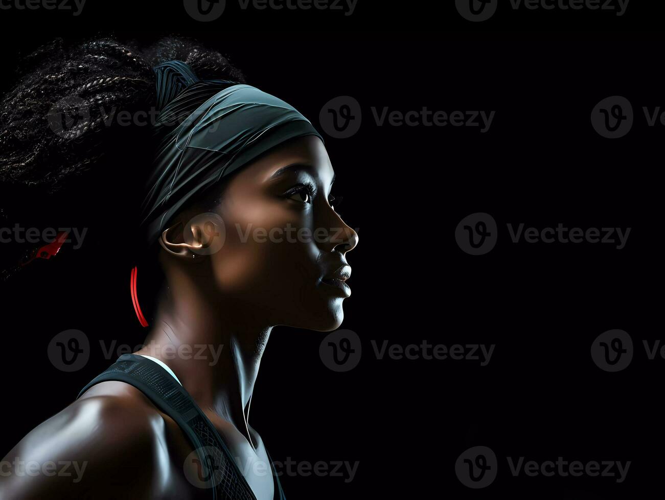 AI Generated A side profile and half body photography of a female running athlete on black background. Runner concept with copy space. photo