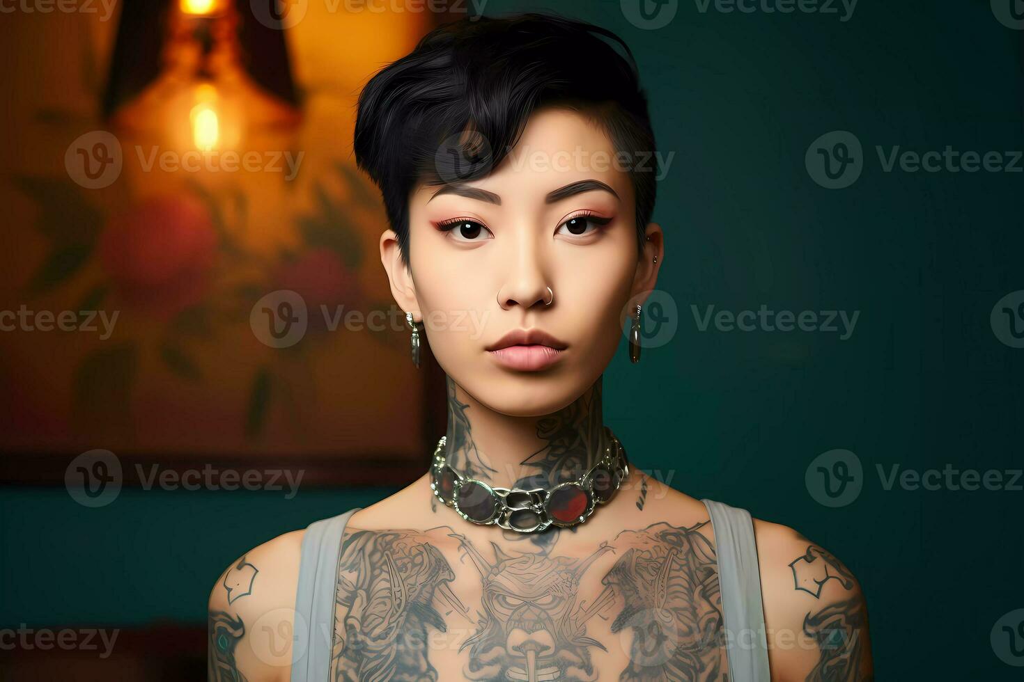 AI Generated Beauty Portrait of pretty girl with short hair and cool tattoos, looking into a camera. photo