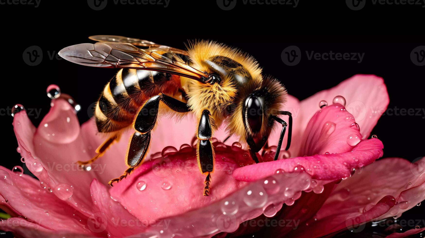 AI Generated Micro photography of a bee on a pink rose petal with water droplets photo