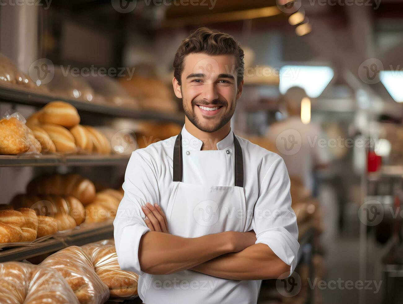ai generado sonriente panadero hombre en pie con Fresco un pan a panadería. satisfecho panadero con panes en antecedentes. Copiar espacio foto