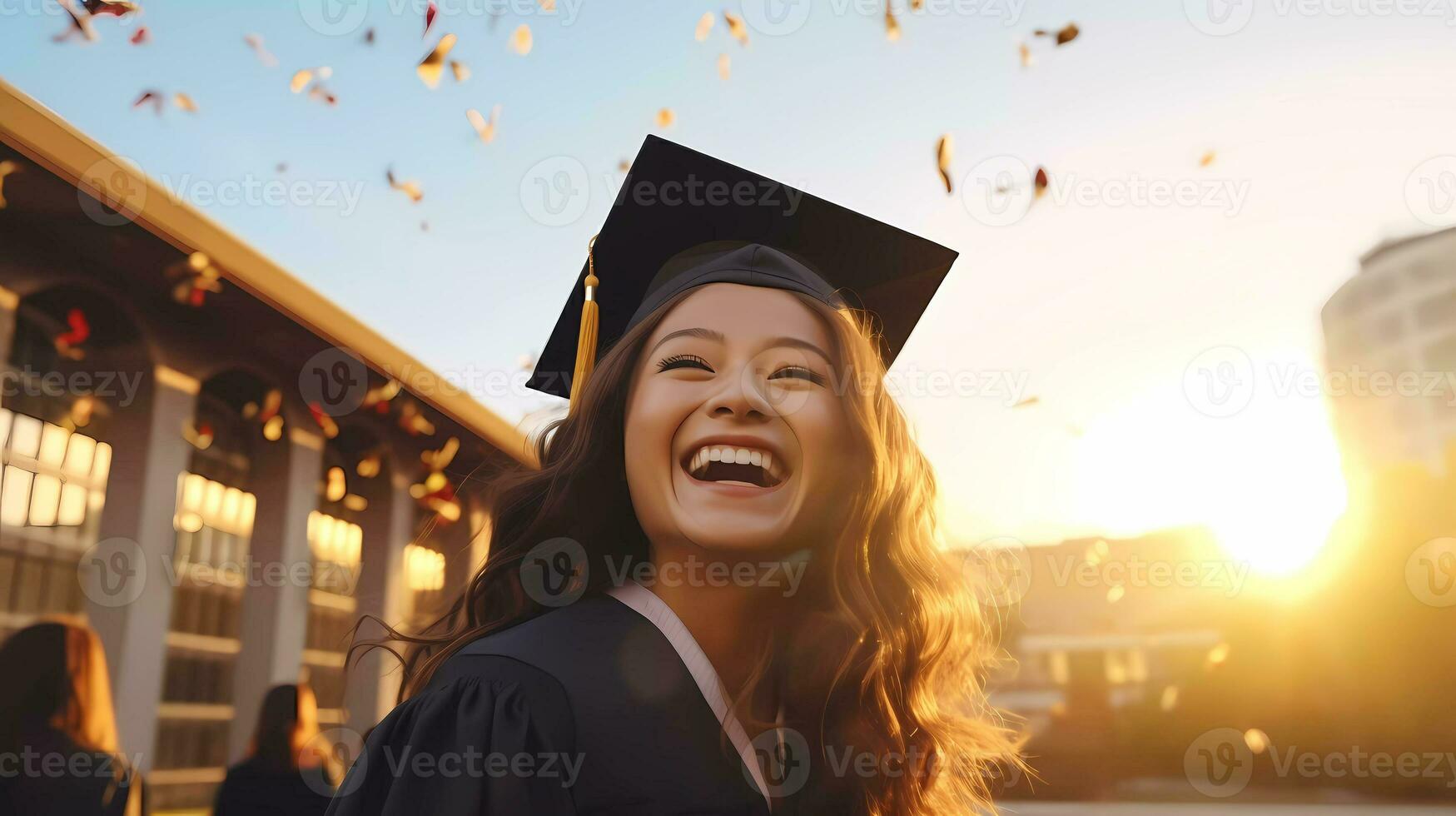 AI generated school girl in graduation cap and gown on her graduation day University. Education and people. photo
