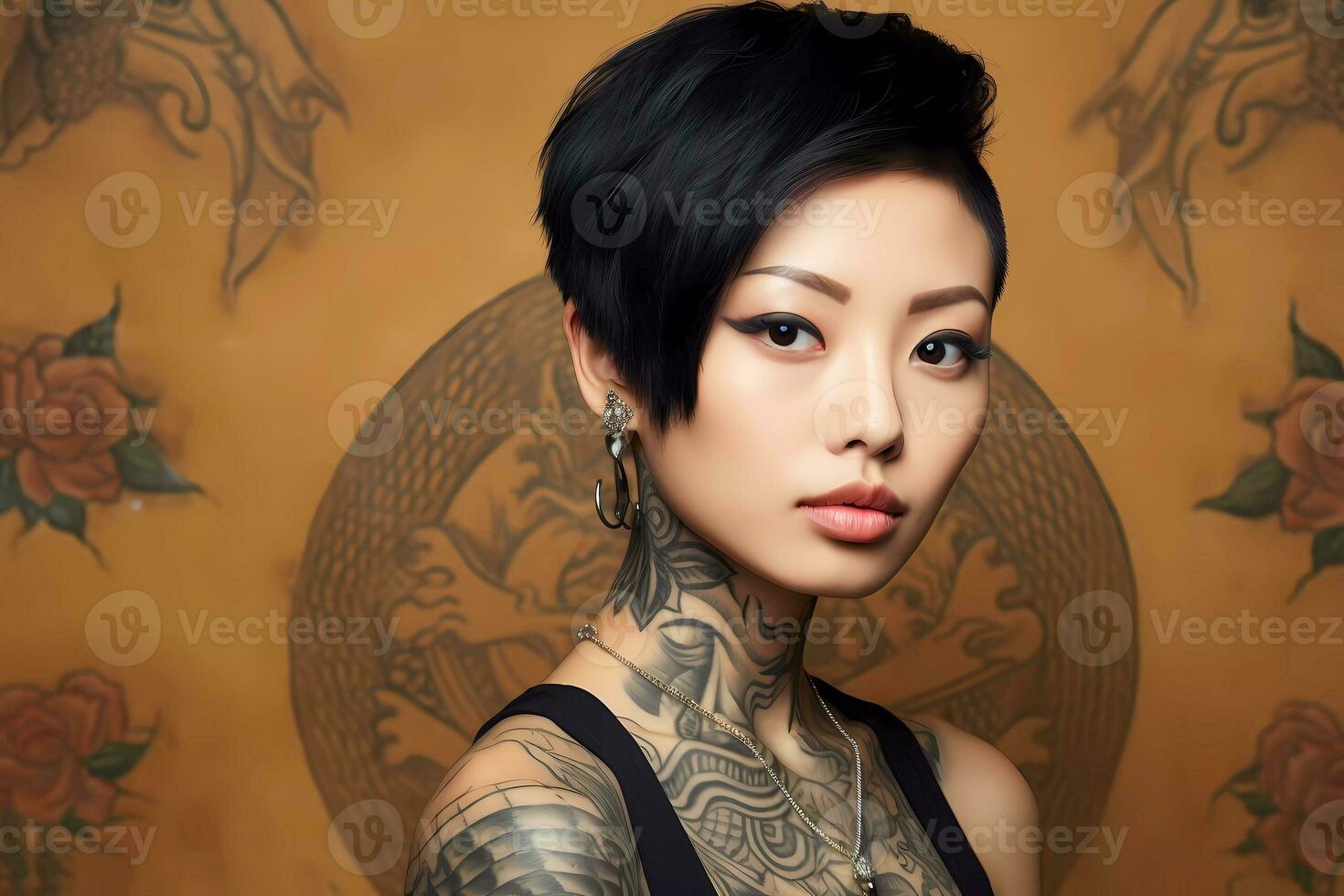 AI Generated Beauty Portrait of pretty girl with short hair and cool tattoos, looking into a camera. photo