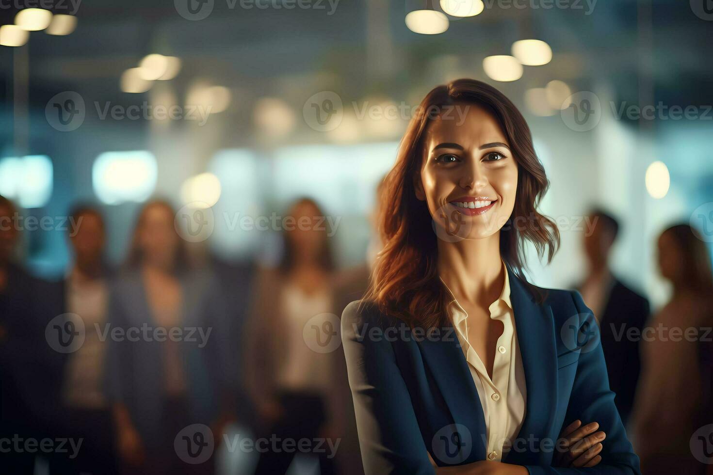 AI Generated Portrait of successful business woman in a busy modern workplace, standing in front of team, smiling at camera. photo