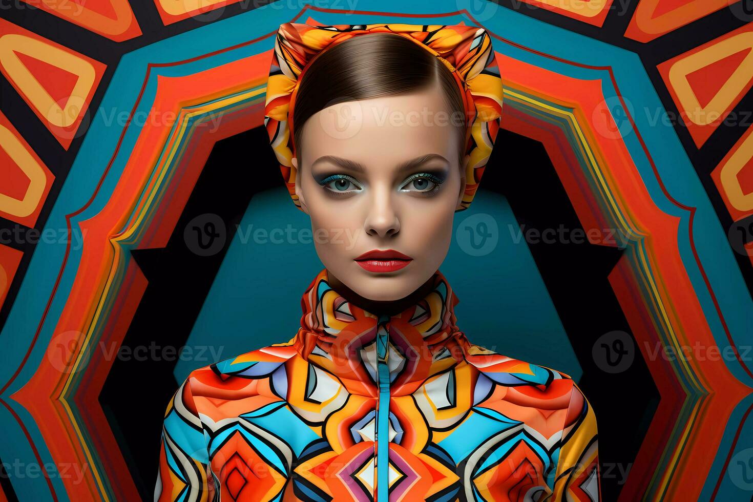 AI Generated A beautiful young model wearing sunglasses and a colorful jacket photo