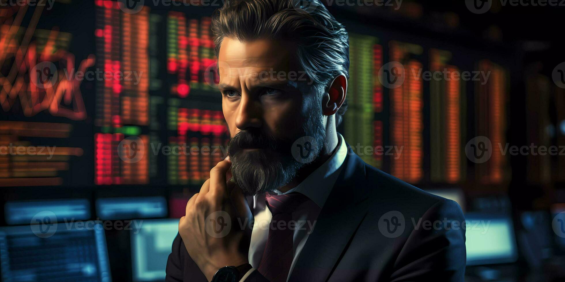 AI Generated Stock Market Trader Working with Multi-Monitor Workstation with Real-Time Investment Charts. Concentrated analyses risks and prospects, rise or fall of cryptocurrency coin. photo