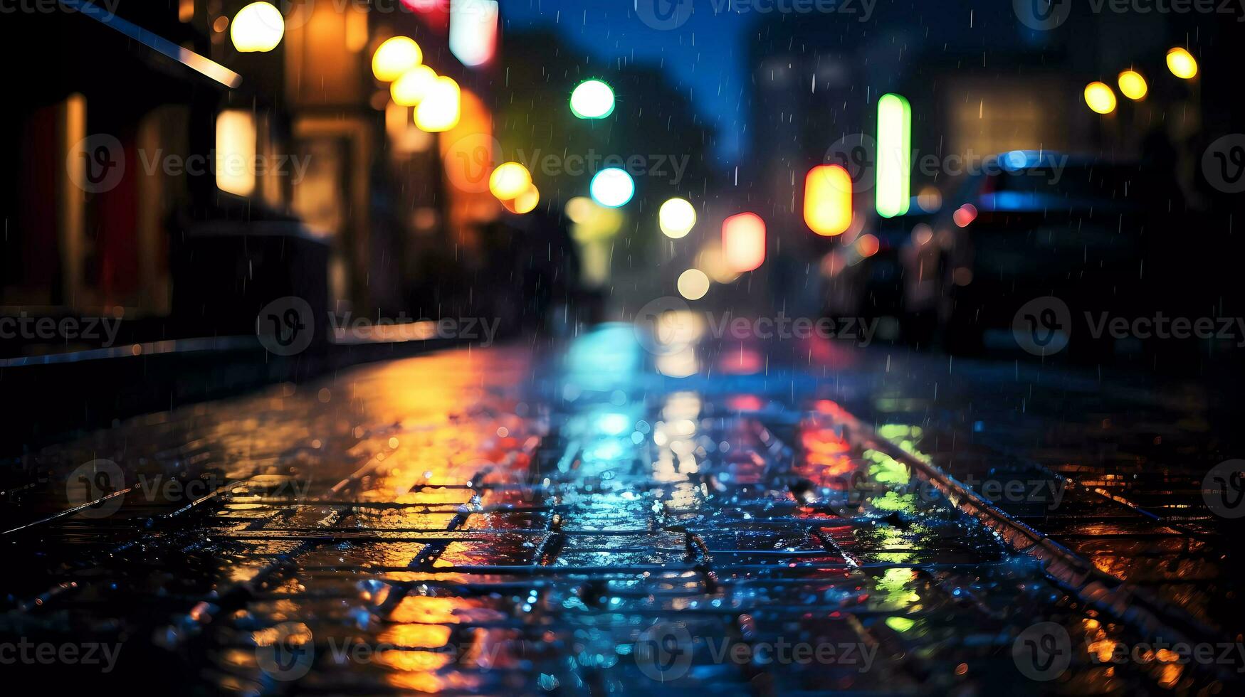ai generated City view through a window on a rainy night. Rain drops on window with road light bokeh. Focus on drops on glass photo