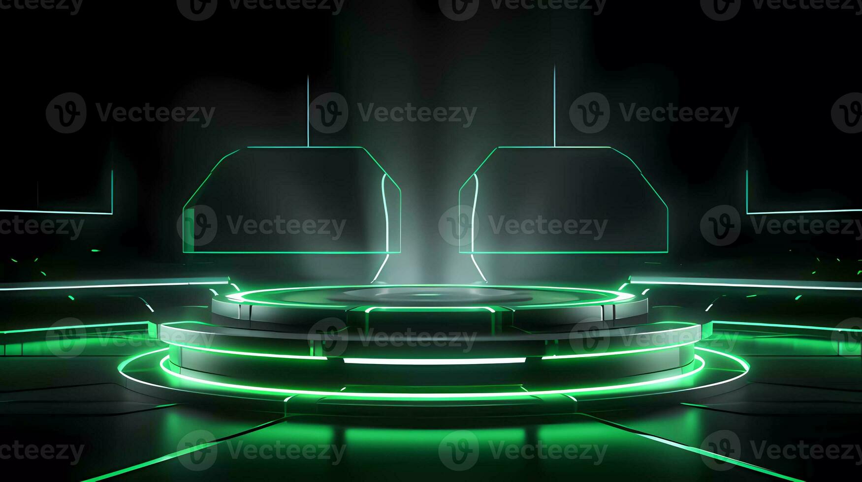 Ai generated Podium with Futuristic Green Neon Lighting Science Stage Background. 3d rendered science technology showcases. photo