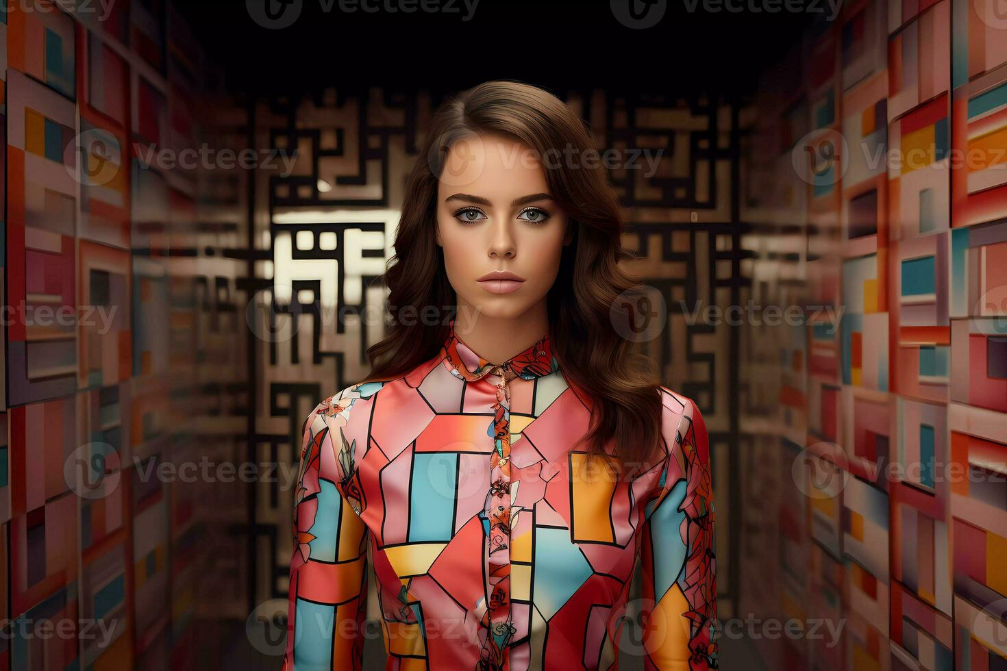 AI Generated A beautiful young model wearing sunglasses and a colorful jacket photo