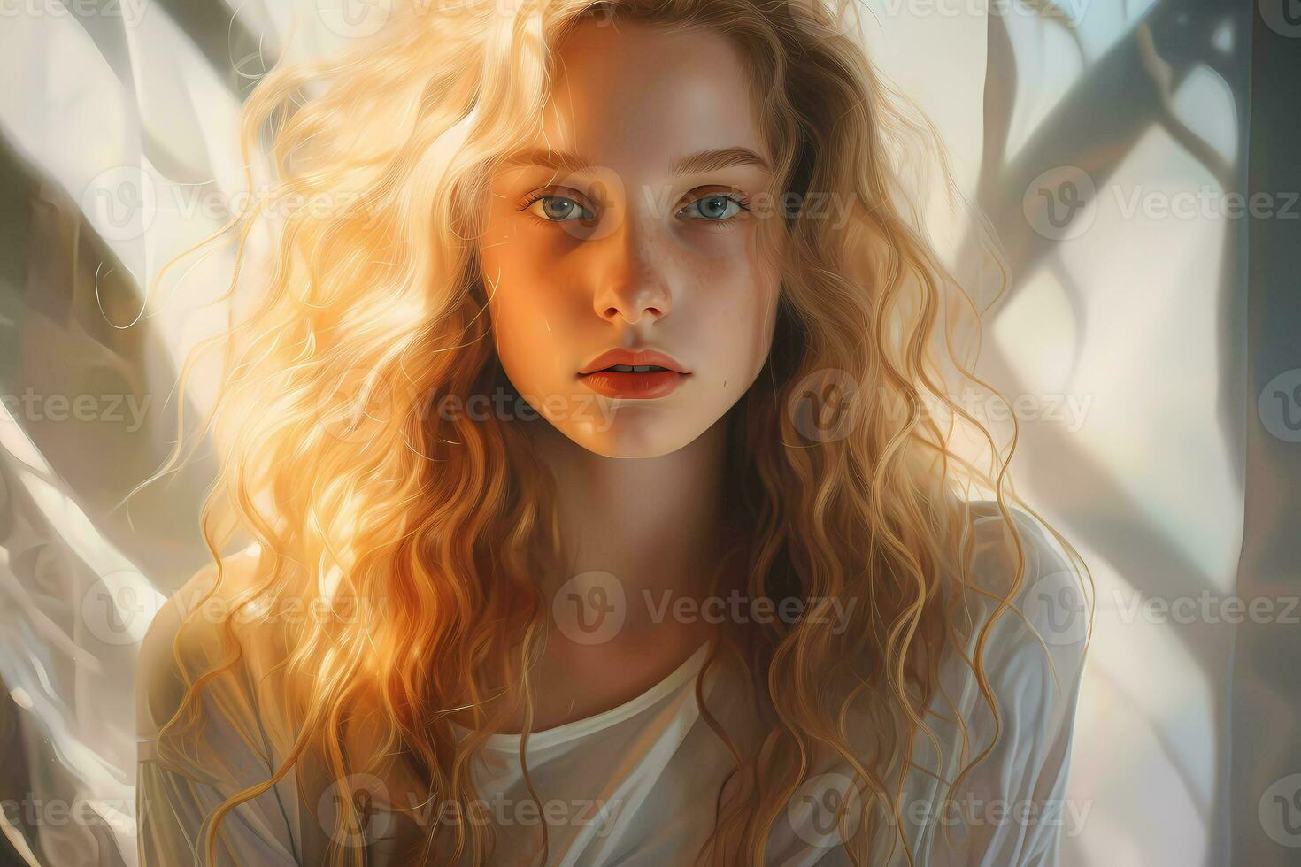 AI Generated A woman looking at camera while relaxed in the light of summer sunbeams photo