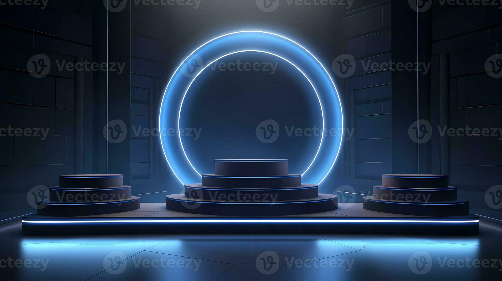 AI Generated Three blue podiums in front of a metal circle on blue background photo
