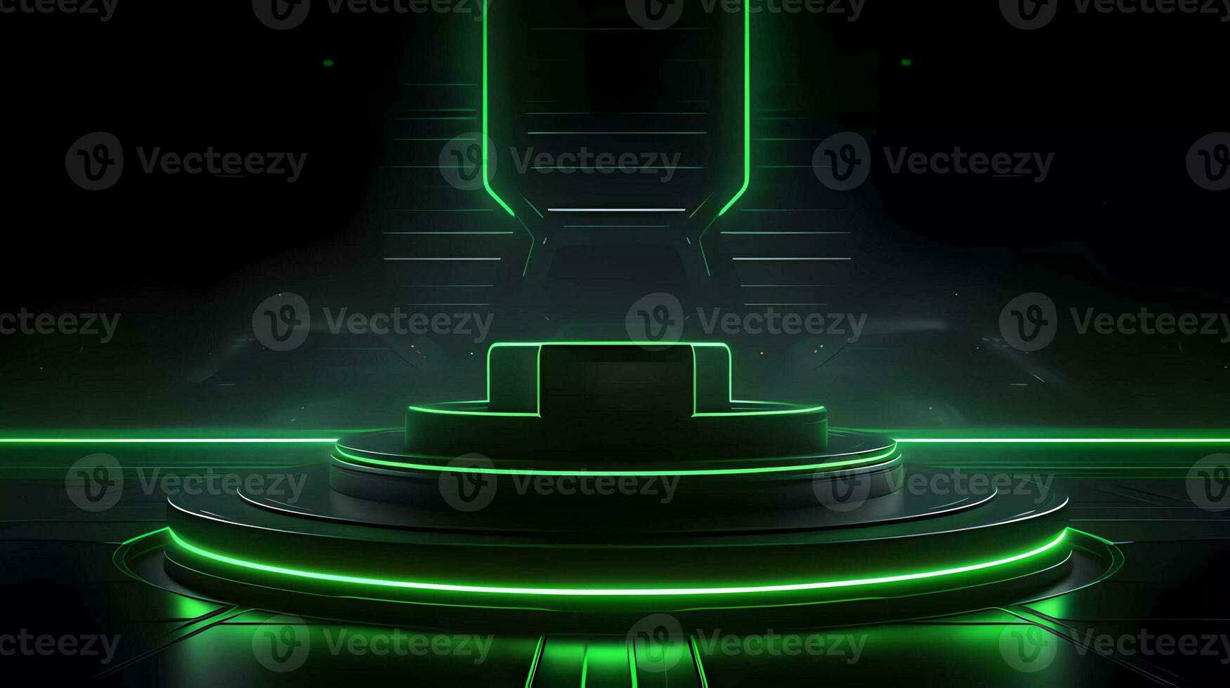 Ai generated Podium with Futuristic Green Neon Lighting Science Stage Background. 3d rendered science technology showcases. photo