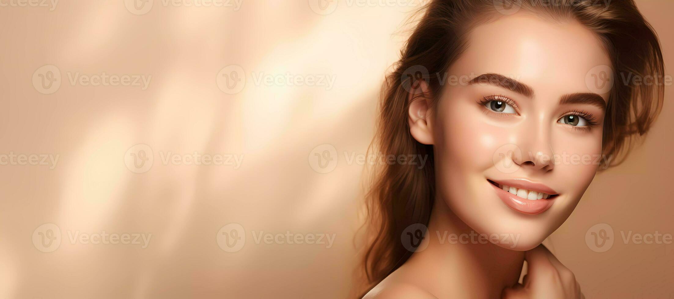 ai generated Close up beauty portrait of a beautiful woman on beige background. Natural Beauties with fresh and clean skin for glowing healthy skin care promotion, with copy space photo