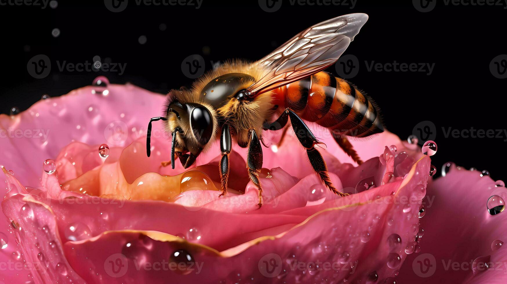 AI Generated Micro photography of a bee on a pink rose petal with water droplets photo