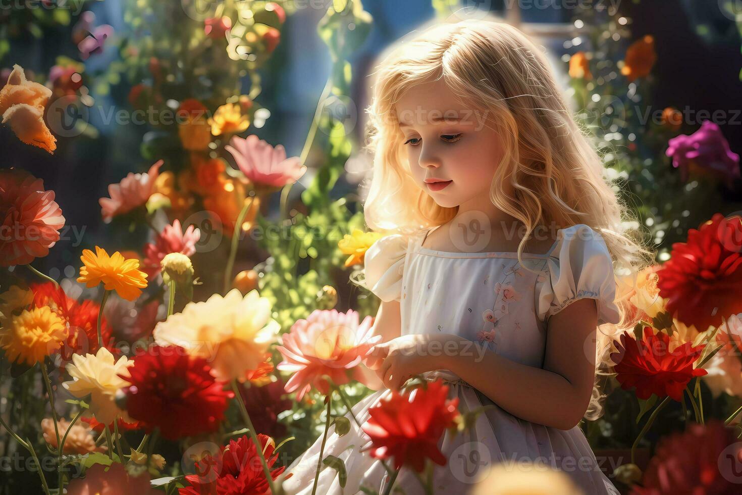 Ai generated little blonde girl in outdoor flower garden, with landscape full or flowers. Bright and sunny day photo