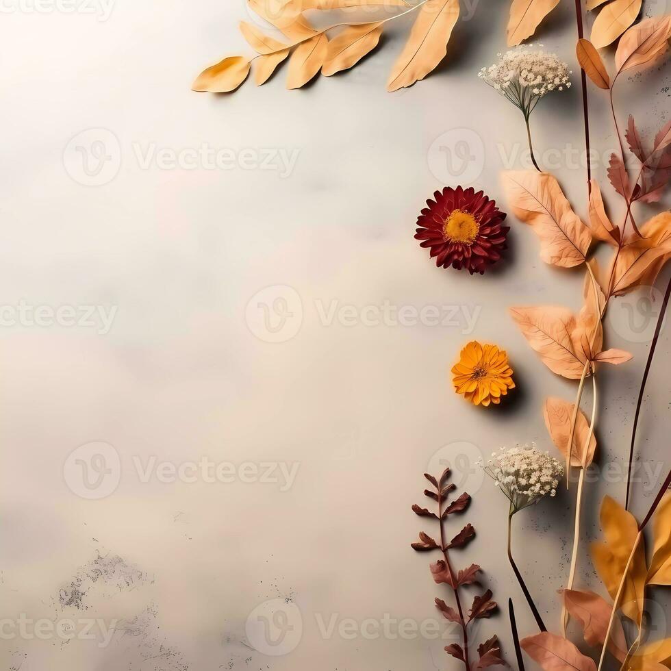 AI Generated Autumn season abstract background. Fall dried leaves and flowers on stone background. Thanksgiving Day, seasonal concept. Copy space. photo