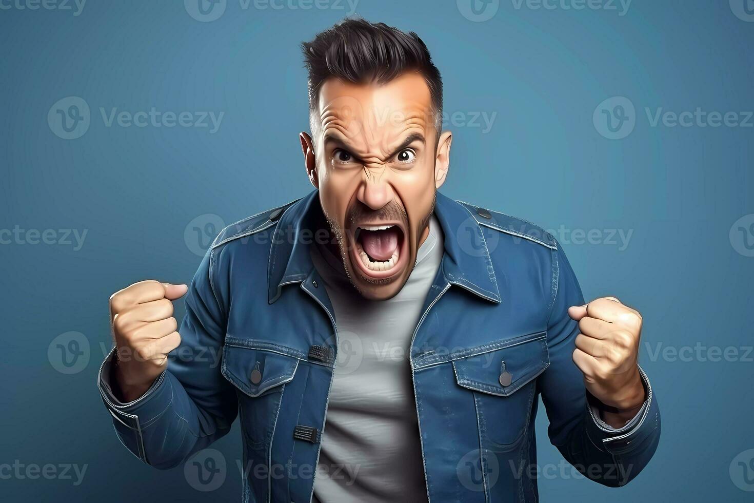 Ai generated annoyed man gestures angrily, expresses negative emotions with mouth widely opened. Angry expression photo