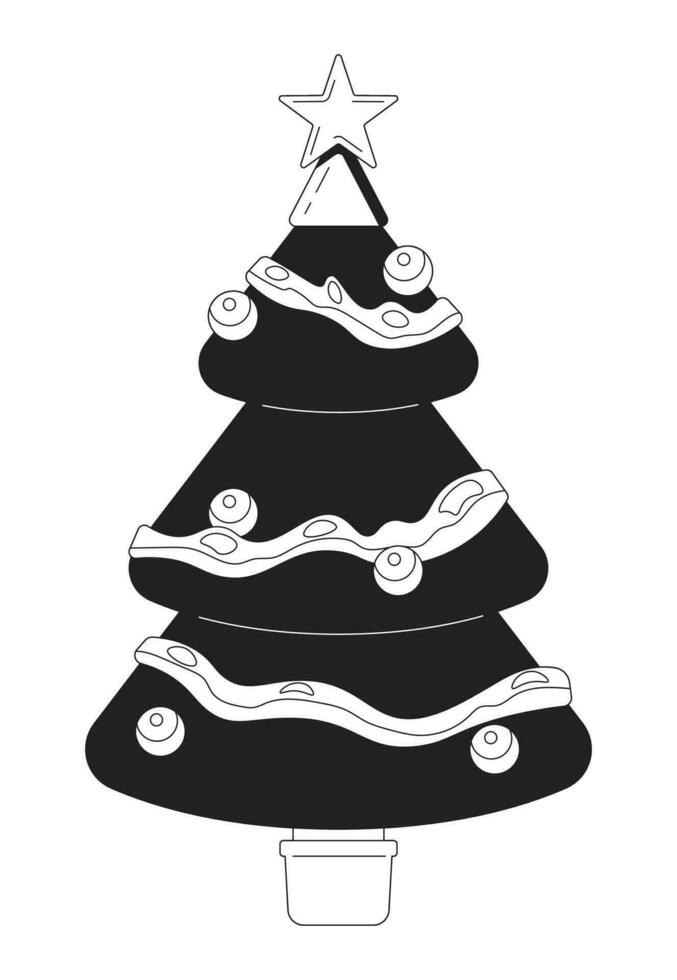 Baubles Christmas tree black and white 2D cartoon object. Spruce new year. Decorations xmas fir isolated vector outline item. Festive celebration adornment monochromatic flat spot illustration