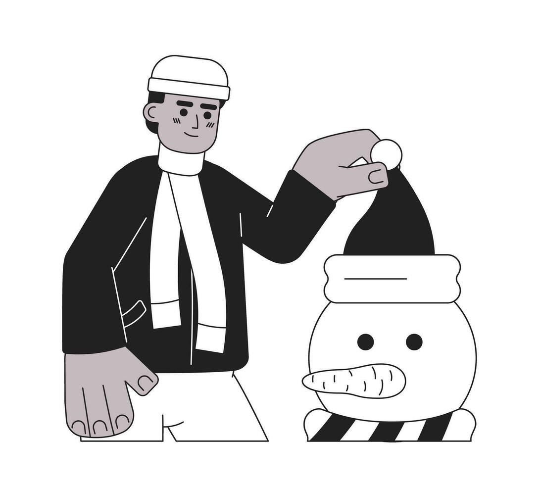 African american man decorating snowman Christmas black and white 2D cartoon character. Black male holding santa hat isolated vector outline person. Xmas eve monochromatic flat spot illustration