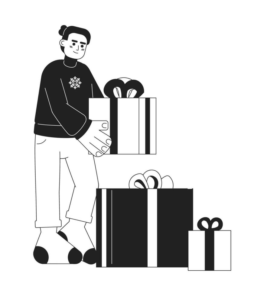 latín americano hombre coleccionar regalos Navidad negro y blanco 2d dibujos animados personaje. Hispano chico caja de regalo aislado vector contorno persona. invierno ropa suéter masculino monocromo plano Mancha ilustración