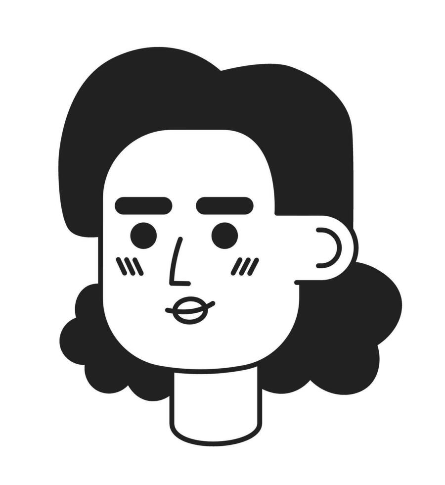 sonriente mujer Hispano adulto negro y blanco 2d vector avatar ilustración. contento dama latín americano contorno dibujos animados personaje cara aislado. Rizado pelo hembra plano usuario perfil imagen, retrato