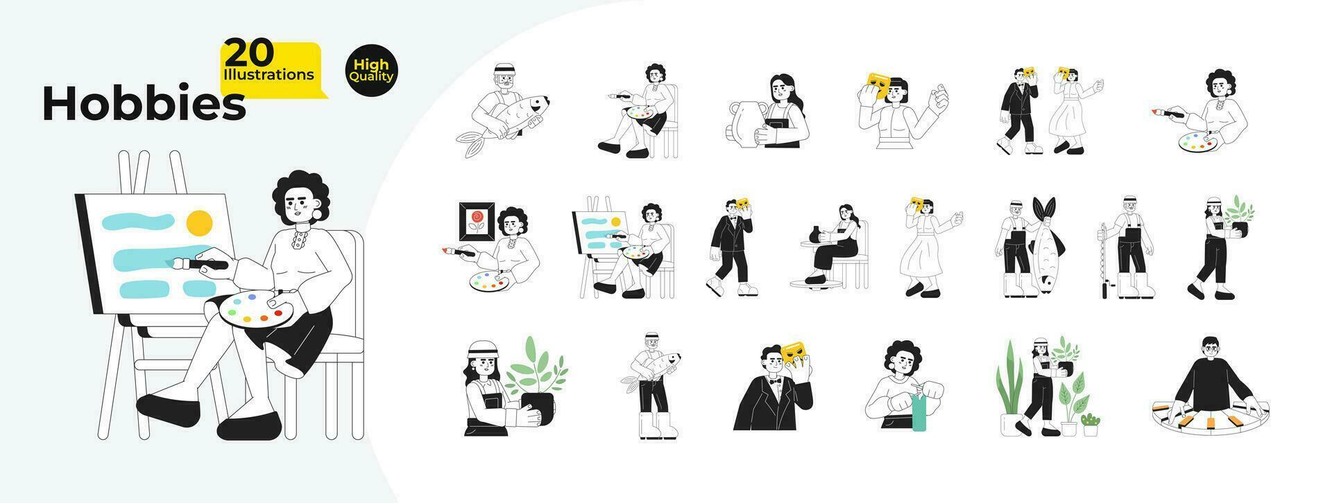 Hobbies leisure activity black and white cartoon flat illustration bundle. Hobbyists diverse people linear 2D characters isolated. Painter, actor, fisherman monochromatic vector image collection