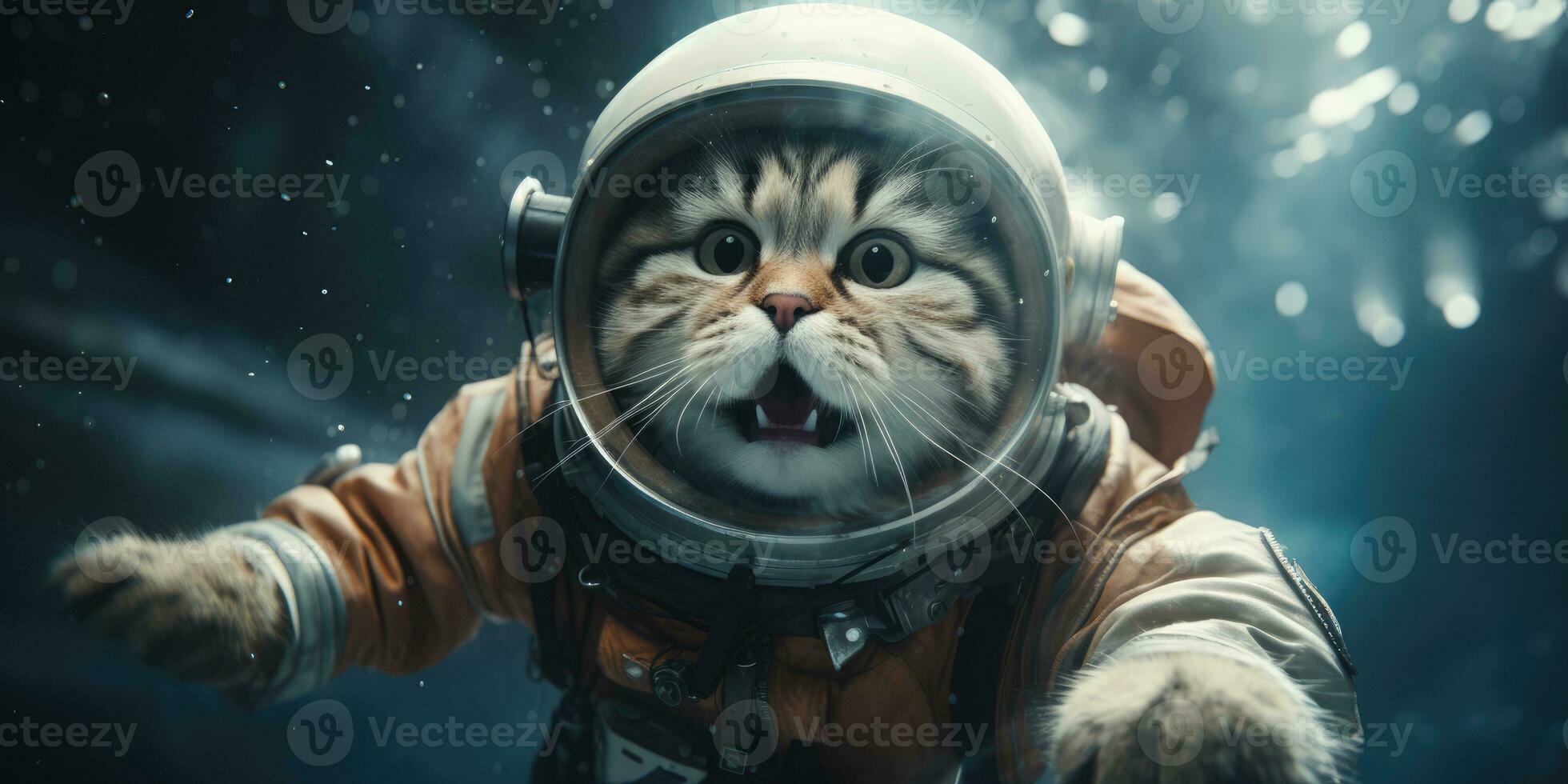 a cute cat in an astronaut suit is flying in the moon, AI Generative photo