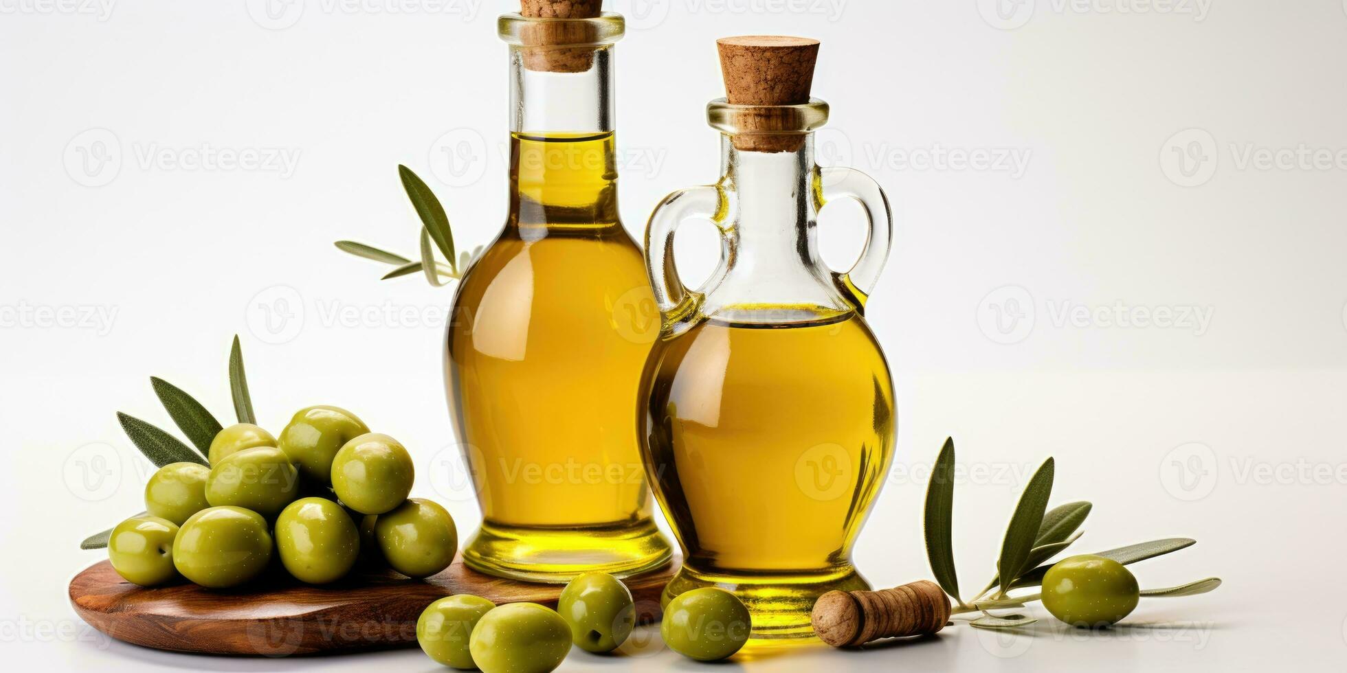 Isolated white background with premium olive oil bottle and tasty green olives, AI Generative photo