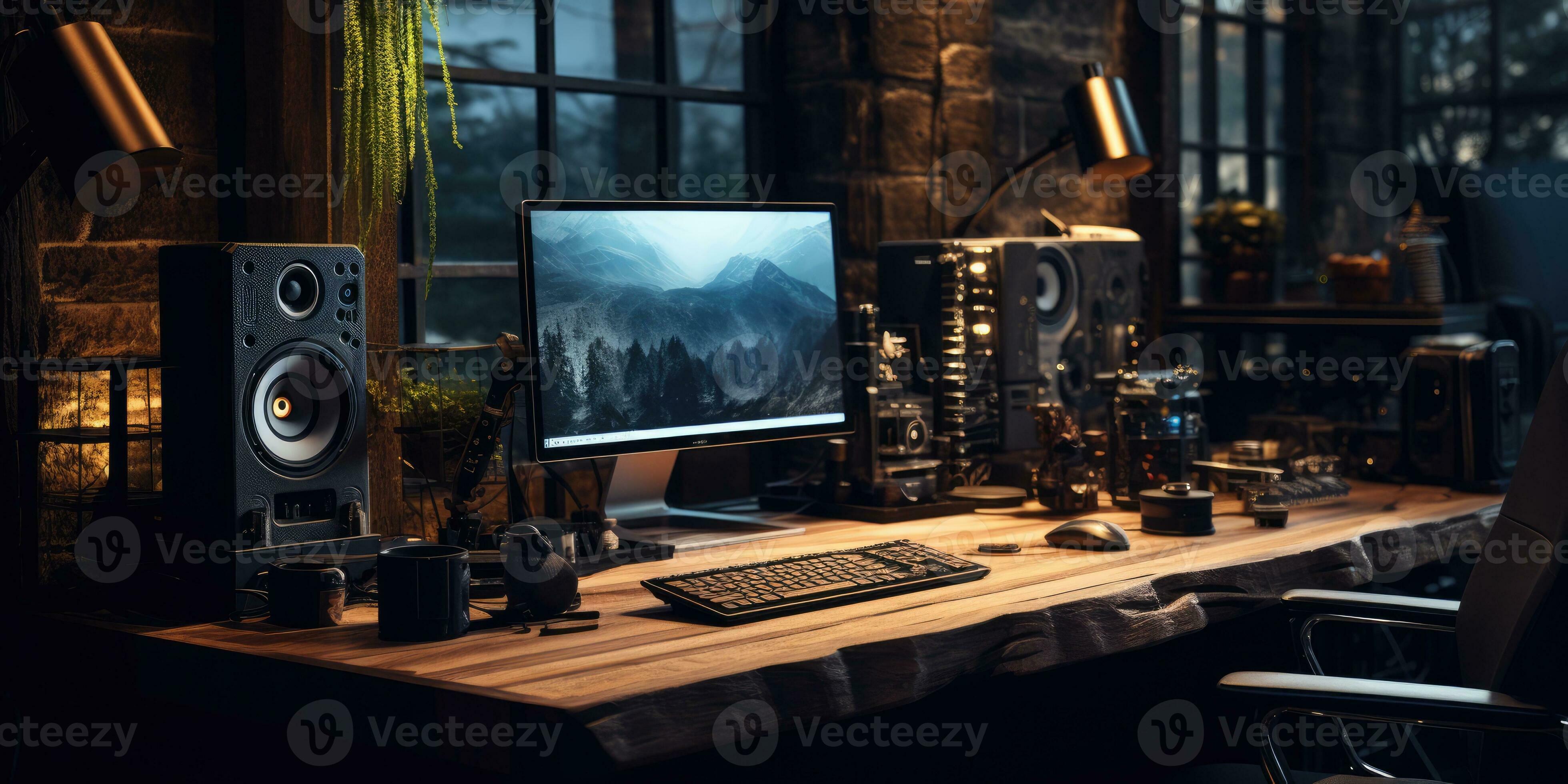 minimalist work space computer with very luxurious wooden components