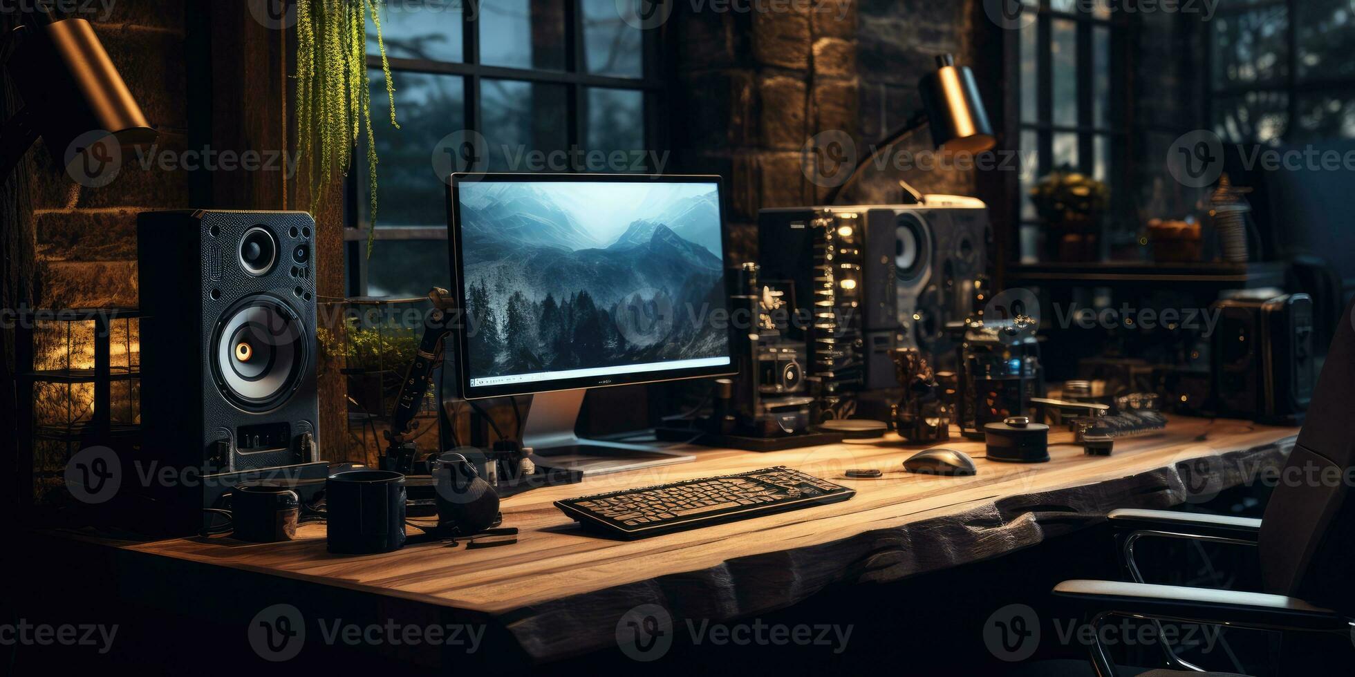 minimalist work space computer with very luxurious wooden components, AI Generative photo