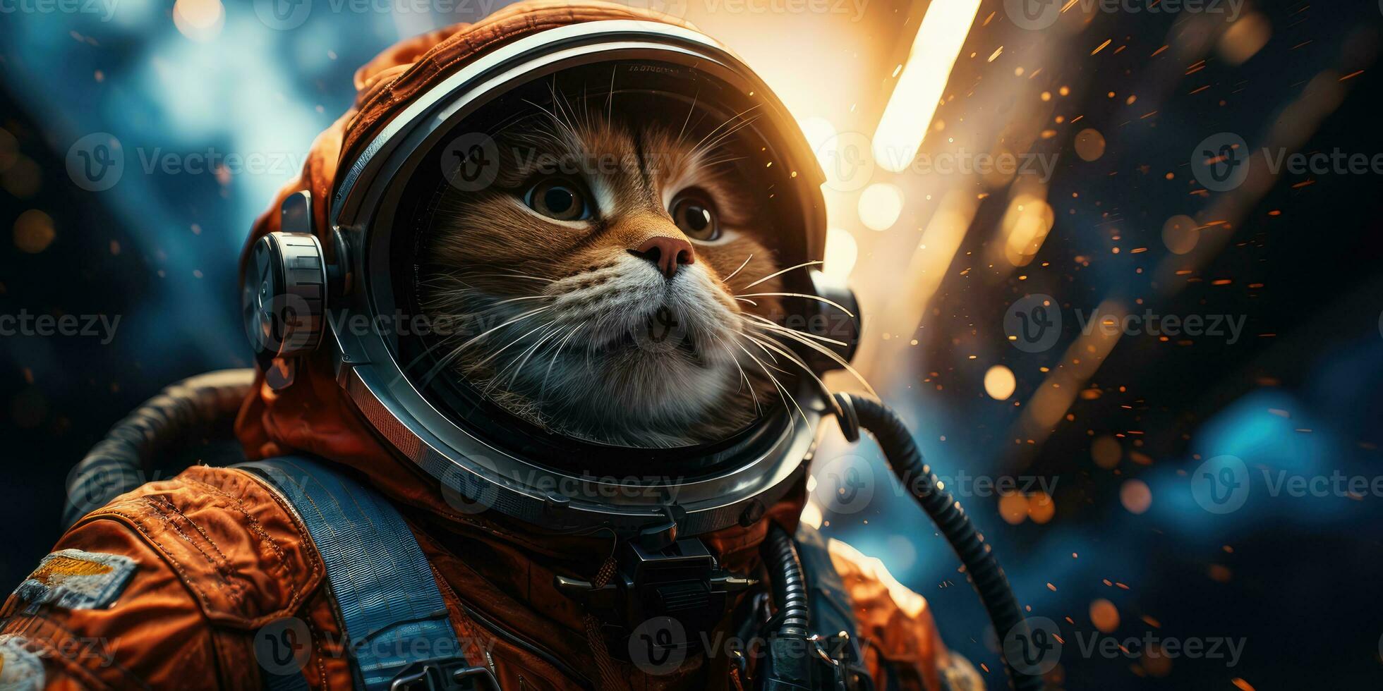 a cute cat in an astronaut suit is flying in the moon, AI Generative photo