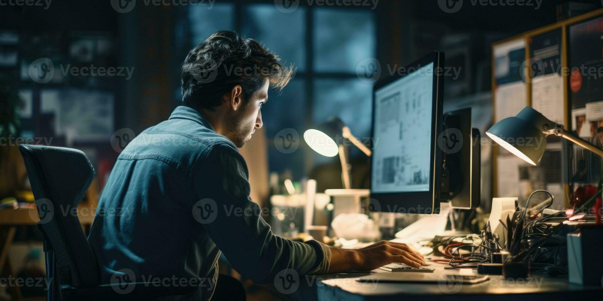 Back view portrait of a young man using laptop at his workplace Generative AI photo