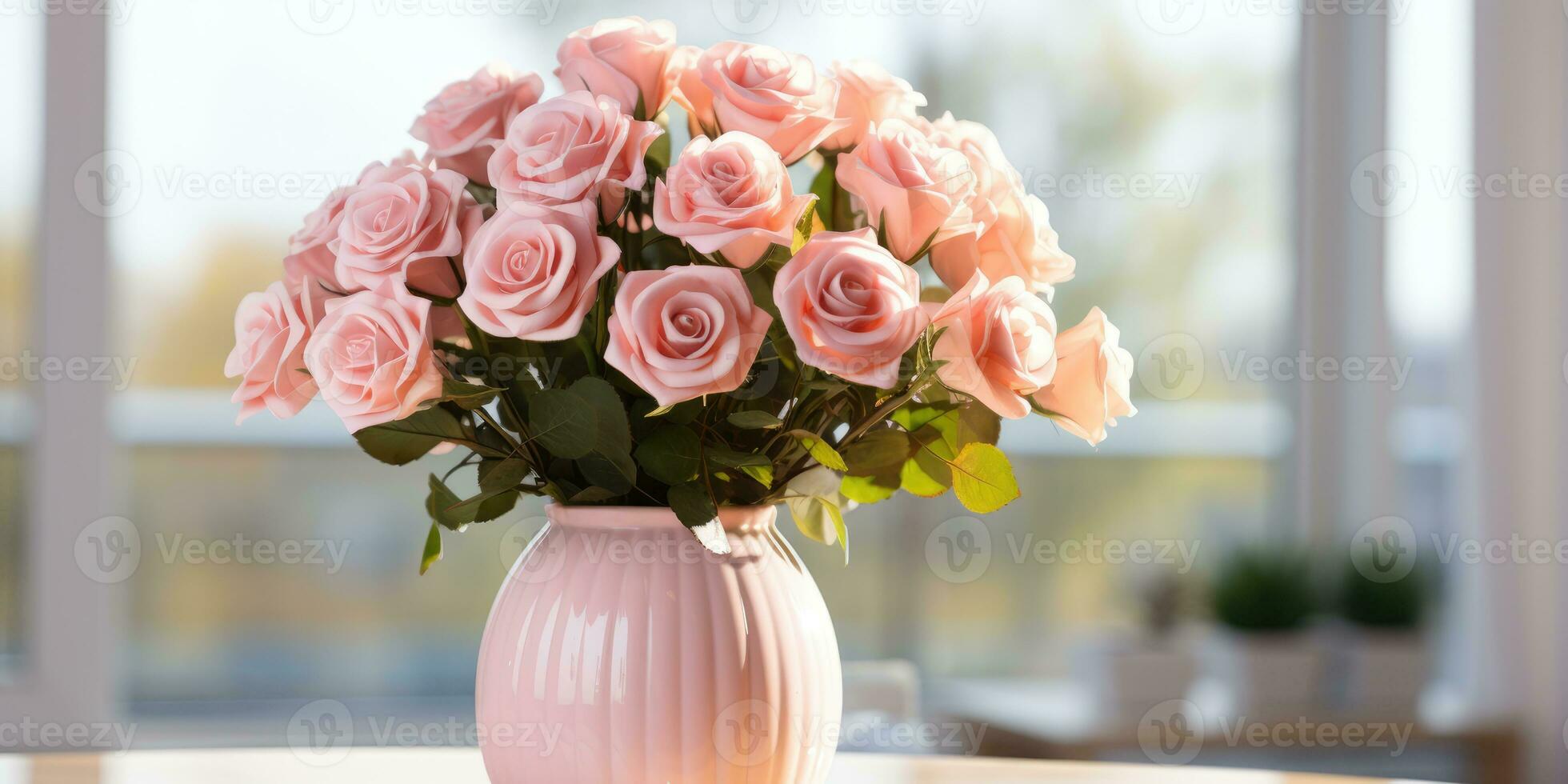 A portrait of a big arrangement of pink roses in a vase, AI Generative photo