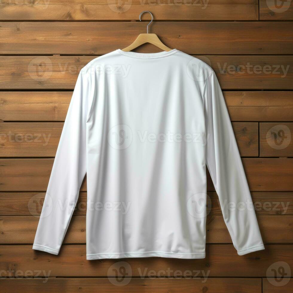 A view from back Luxurious plain white oversize t-shirt mockup with a hanger hanging on a wooden background, AI Generative photo