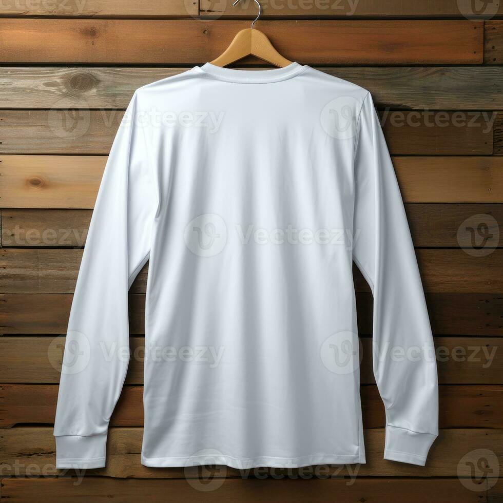 A view from back Luxurious plain white oversize t-shirt mockup with a hanger hanging on a wooden background, AI Generative photo