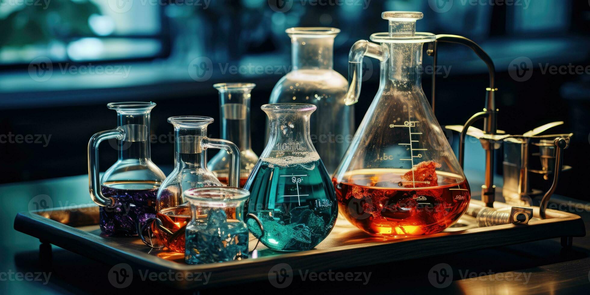 Medical lab banner with transparent glass flask and glassware, AI Generative photo
