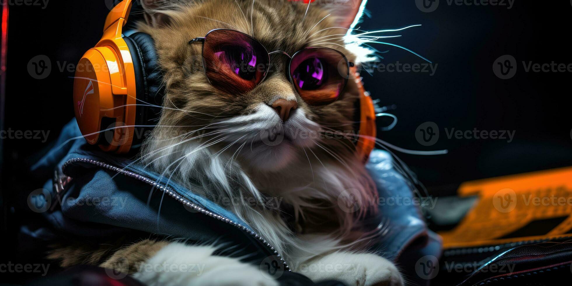 Cool cat in headphones and sunglasses, AI Generative photo