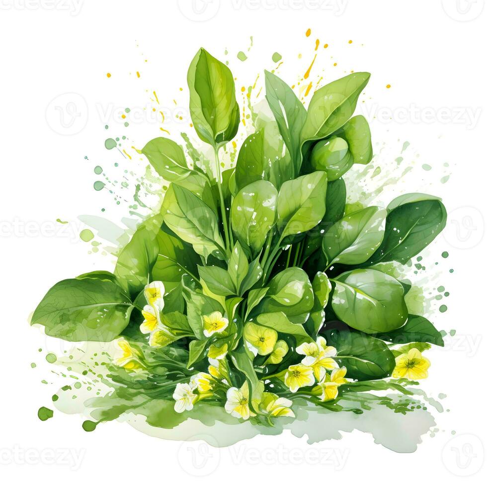 Watercolor illustration of Spices. Sprigs of spinach with spinach flowers.ai generated photo