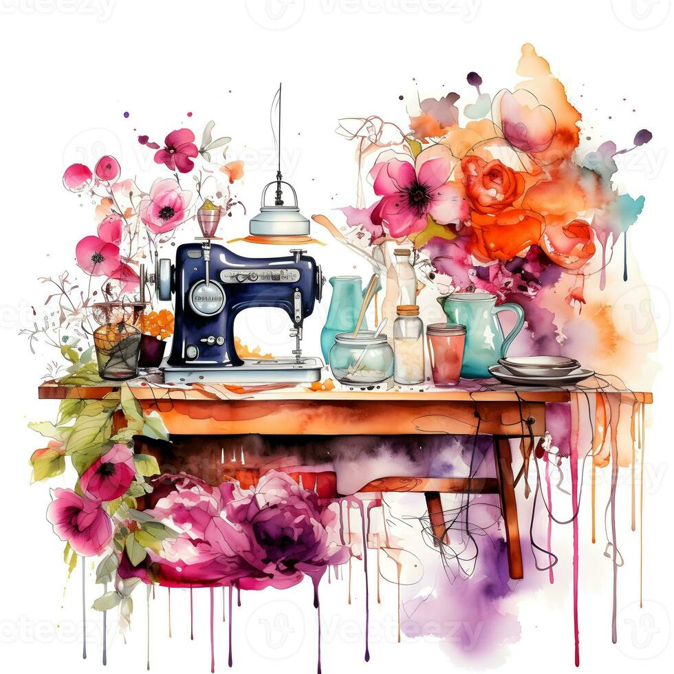 Watercolor illustration. Kitchen composition sewing machine with flowers, Sewing theme.ai generated photo