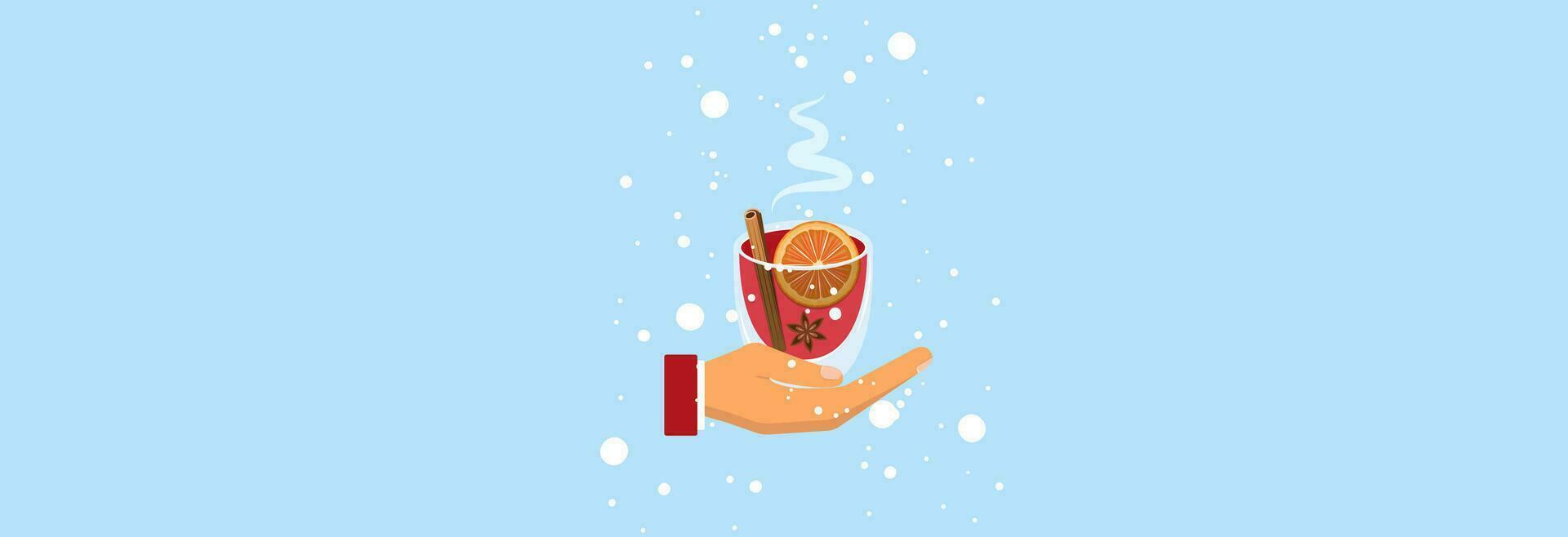 A cup of mulled wine in his hands. vector