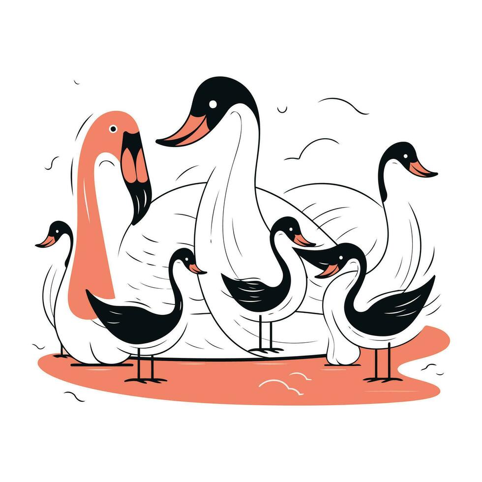 Family of swans. Vector illustration in doodle style.