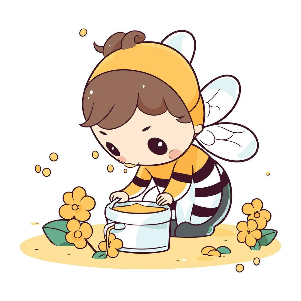 Cute little girl playing with bee and flower. Vector illustration.