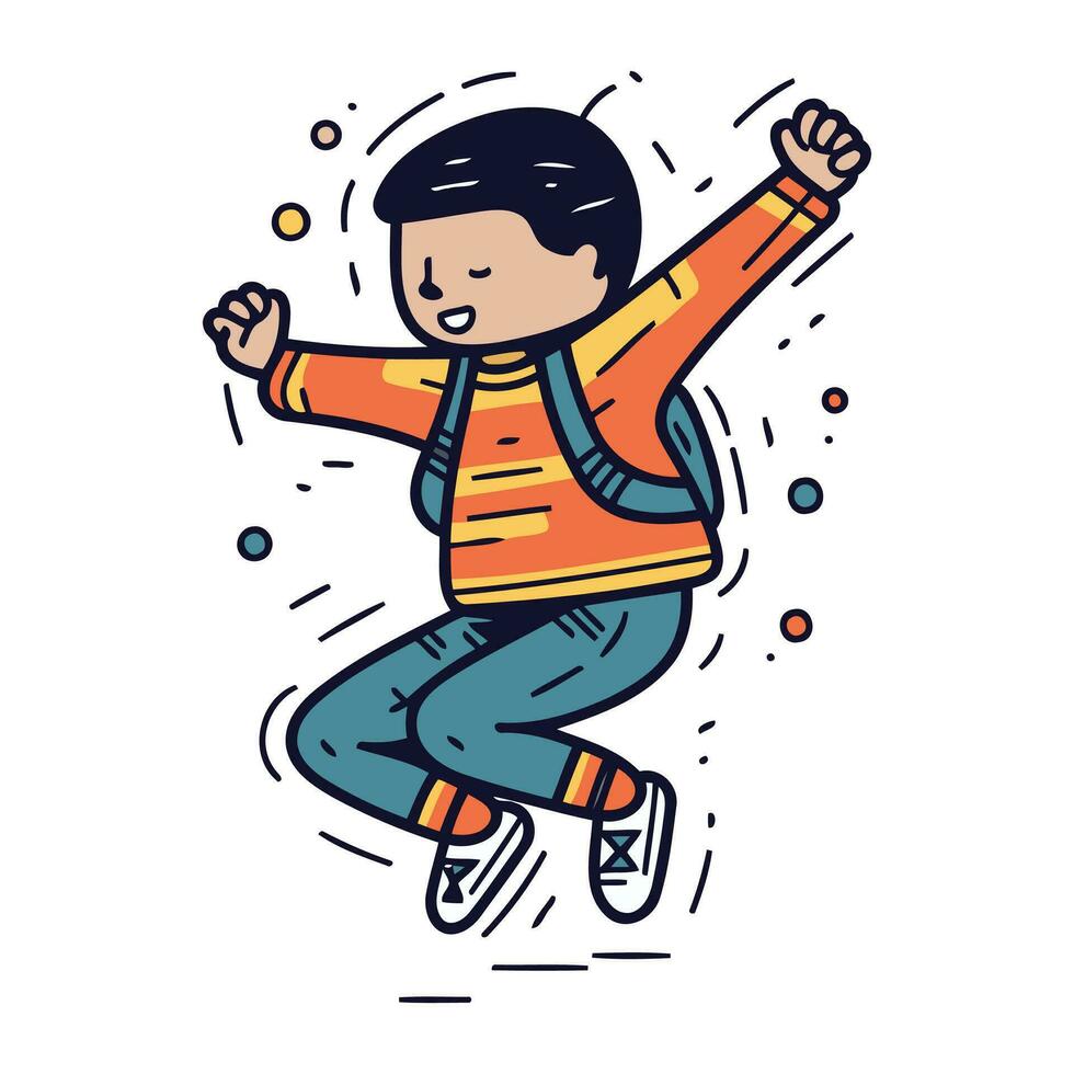 Happy boy jumping in the air. Vector illustration in doodle style.