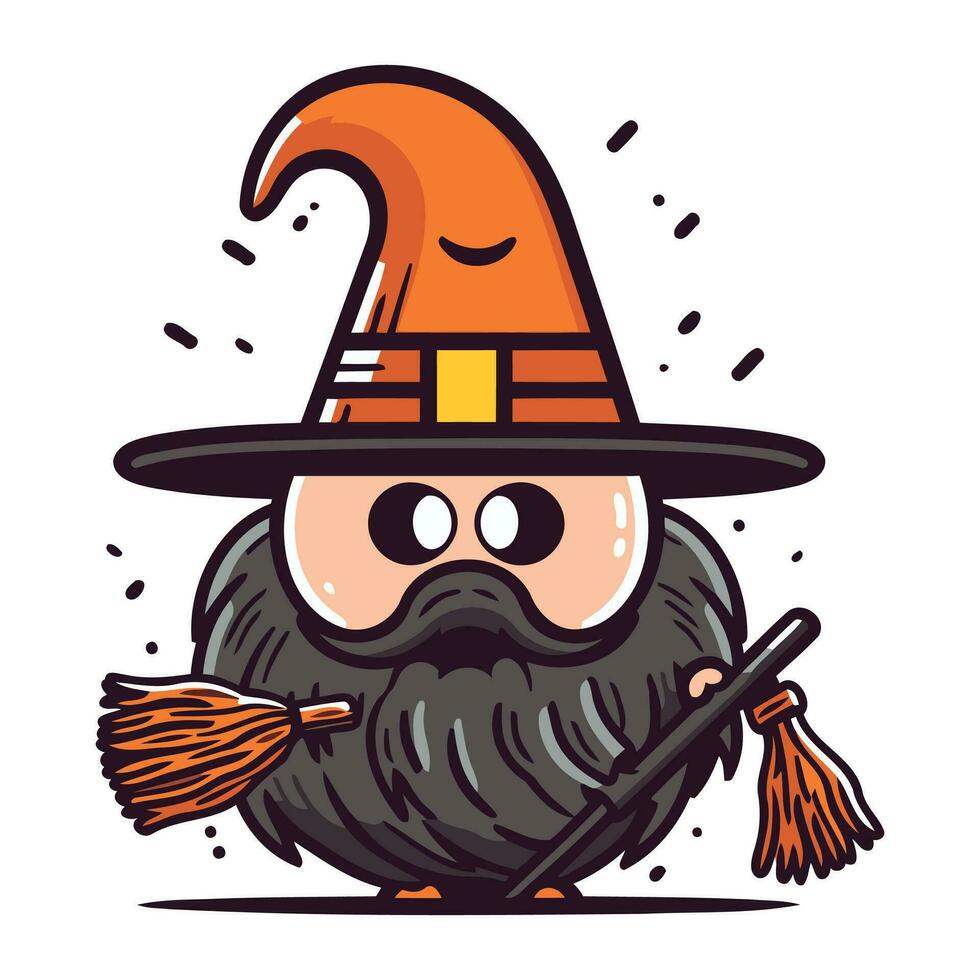 Witch with a broom in his hand. Cute cartoon vector illustration.