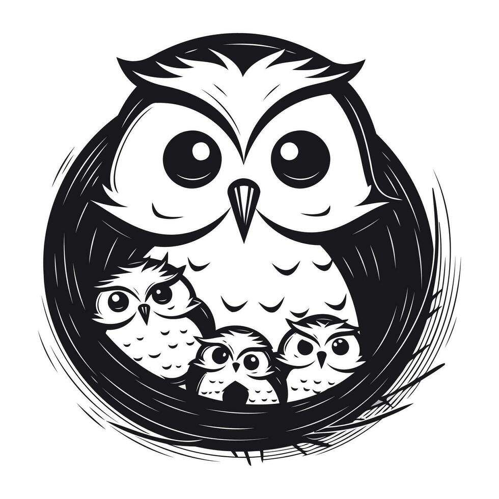 Owl family in round frame on white background. Vector illustration.