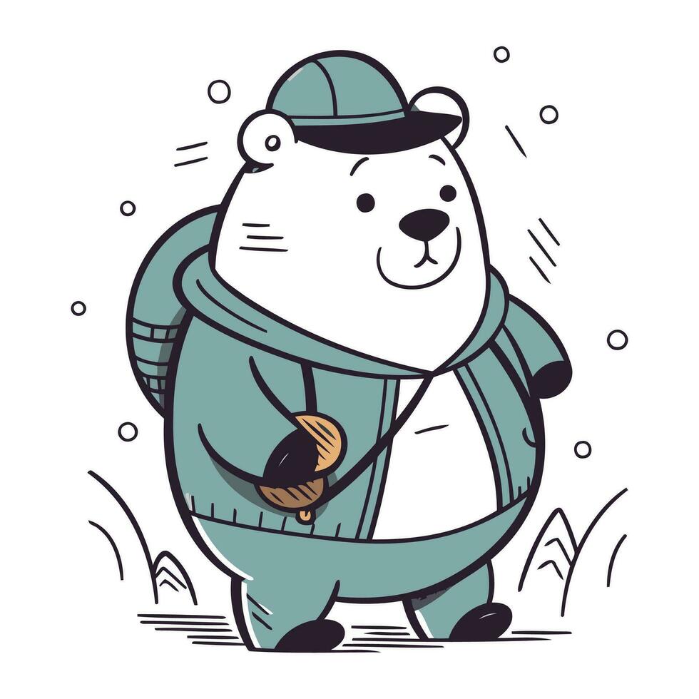 Polar bear in winter clothes with a brush. Vector illustration.