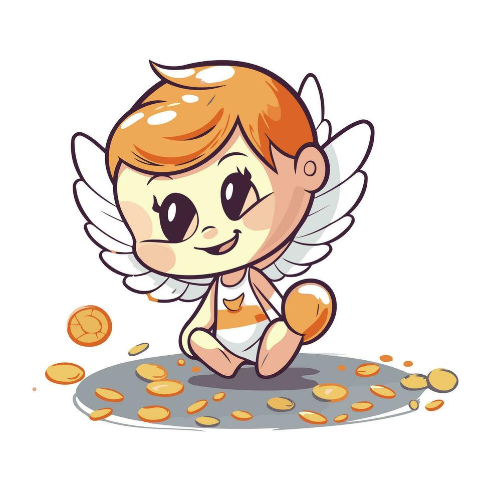 Cute cupid with a lot of coins. Vector illustration.