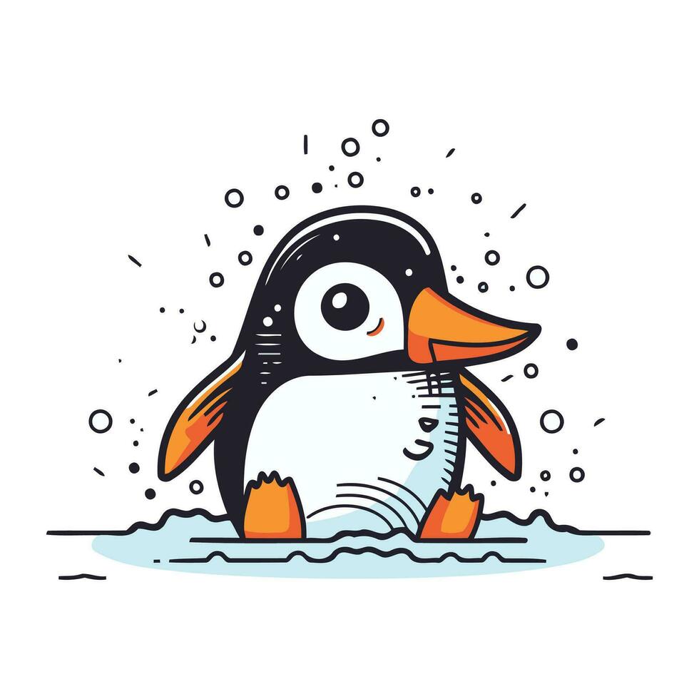 linda dibujos animados pingüino nadando en el mar. vector ilustración.