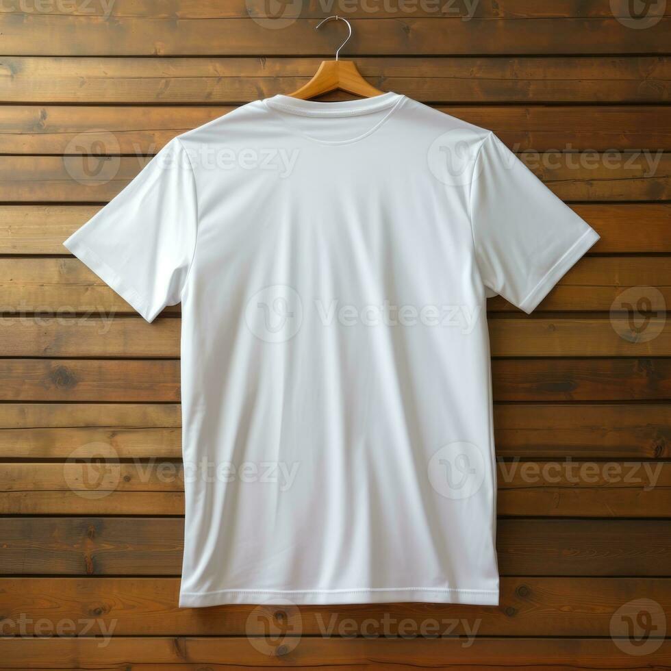 A view from back Luxurious plain white oversize t-shirt mockup with a hanger hanging on a wooden background, AI Generative photo