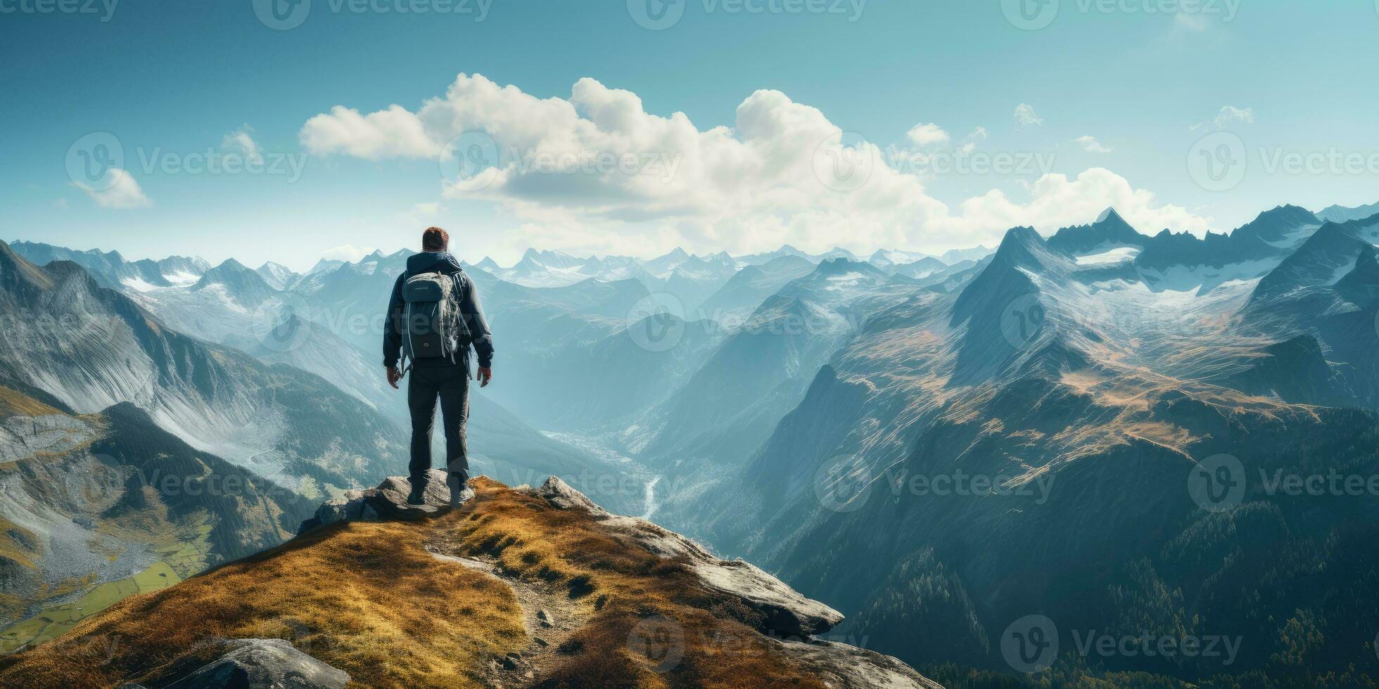 Man traveler on mountain summit enjoying nature Generative AI photo