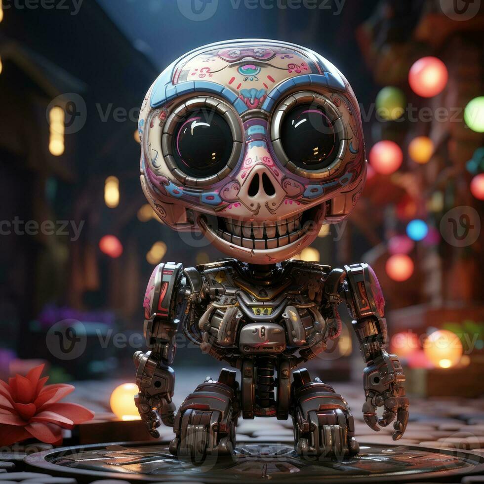Pixar of a cute skeleton skull image with a robotic texture, AI Generative photo